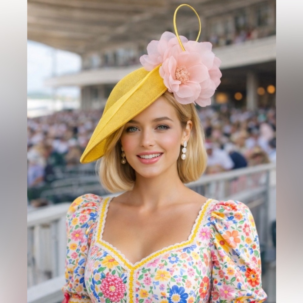 New Kentucky Derby Hat Mustard Yellow Derby Fascinator Blush Flowers Race Day